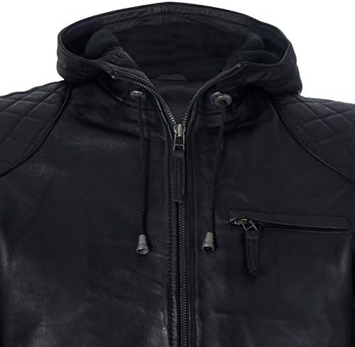 Men's Black Vintage Retro Casual Zipped 100% Leather Hooded Bomber